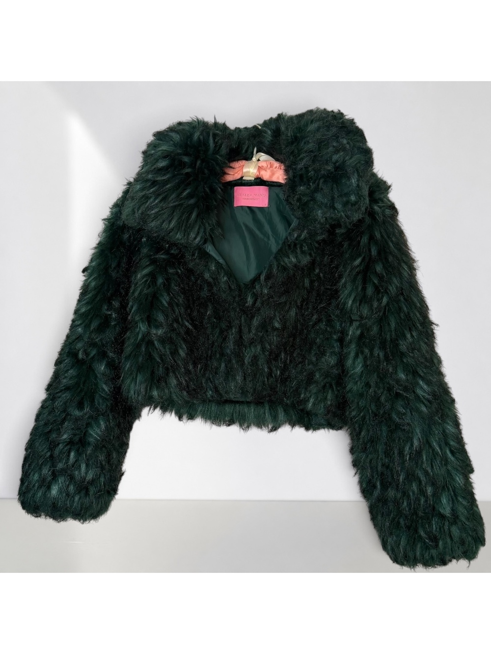 Azalea Wang Emerald Green Goblinccore Faux Fur Cropped Jacket Statement Coat
